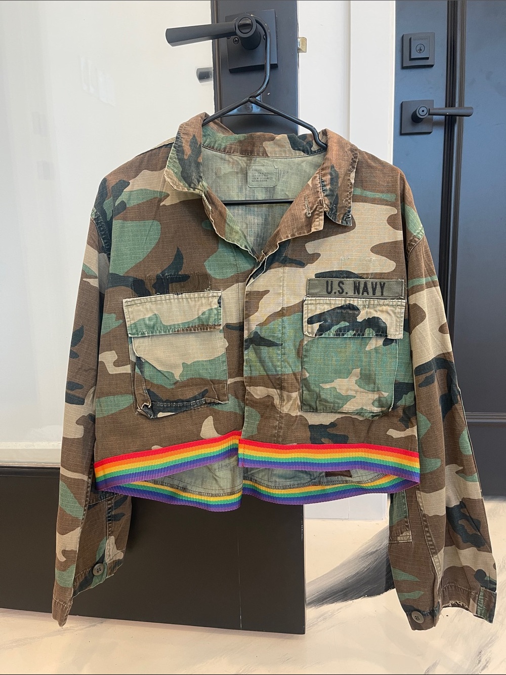 Cropped Camo Jean Jacket with Rainbow Hem